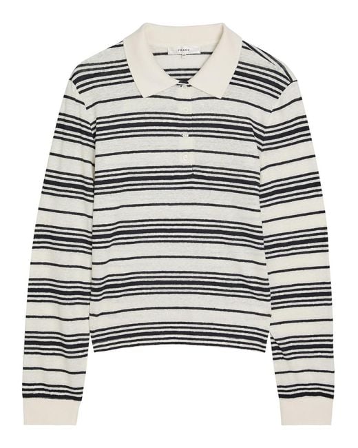 FRAME Gray Striped Linen-Blend Polo Top