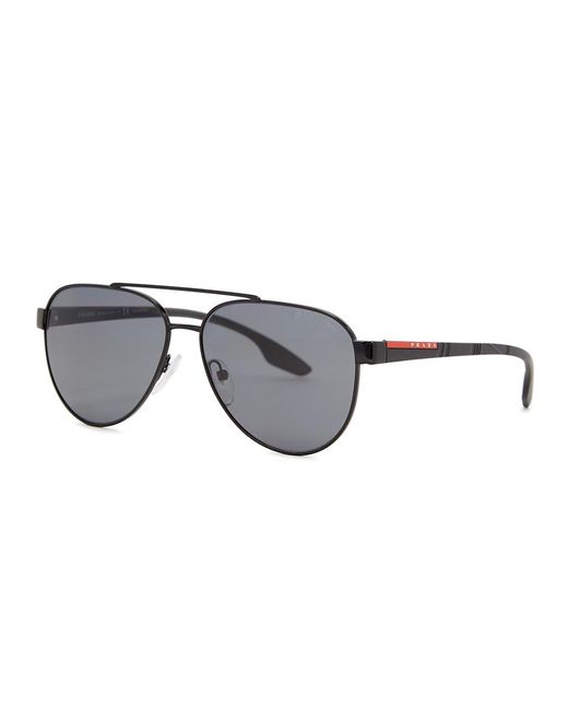 Prada Linea Rossa Black Aviator-Style Sunglasses, Metal, Designer-Engraved Charcoal Polarised Lenses for men