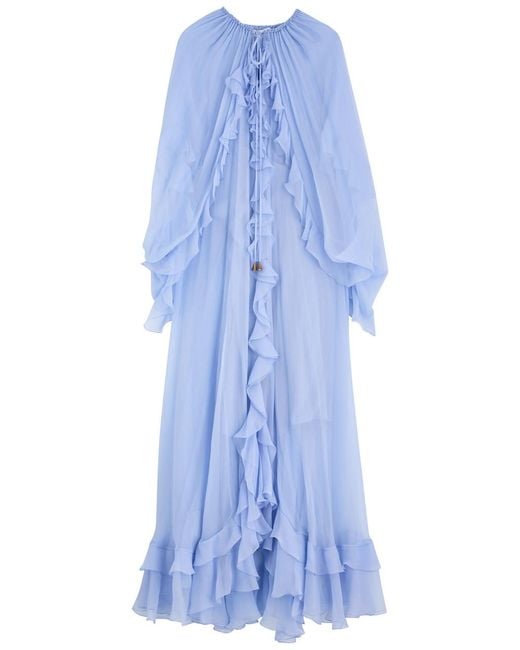 Chloé Blue Ruffled Cape-Effect Silk-Chiffon Gown