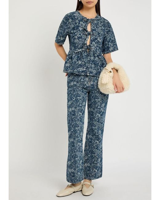 Ganni Blue Betzy Floral-Jacquard Bootcut Jeans