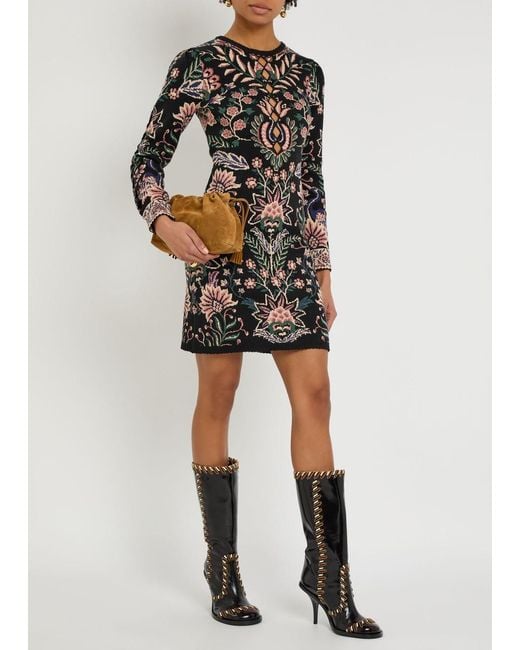 Farm Rio Black Marvelous Garden Floral-Jacquard Knit Mini Dress
