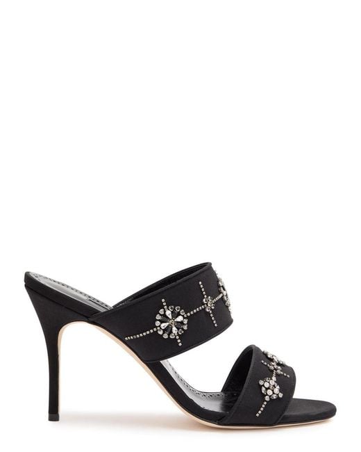 Manolo Blahnik Black Ralota 90 Crystal-Embellished Crepe De Chine Mules
