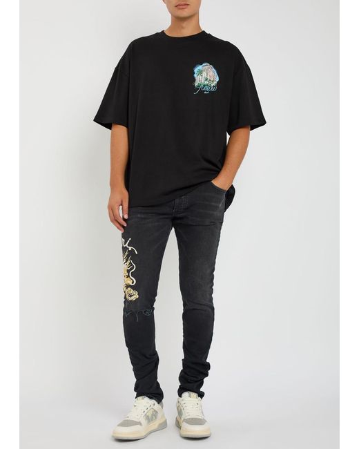 Amiri Blue Dragon Repair Embroidered Slim-Leg Jeans for men