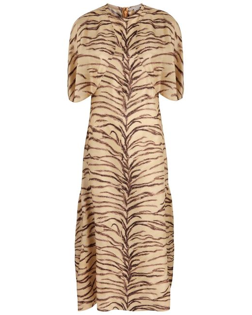 Stella McCartney Natural Tiger-Print Silk-Satin Midi Dress