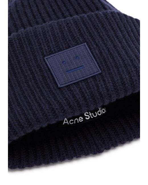 Acne Blue Pansy Logo Ribbed Wool Beanie