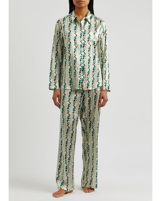 Jessica Russell Flint Green Rosewood Printed Silk-satin Pyjama Shirt