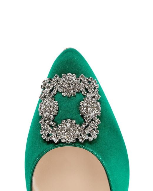 Manolo Blahnik Green Hangisi 10 Silk-Satin Flats