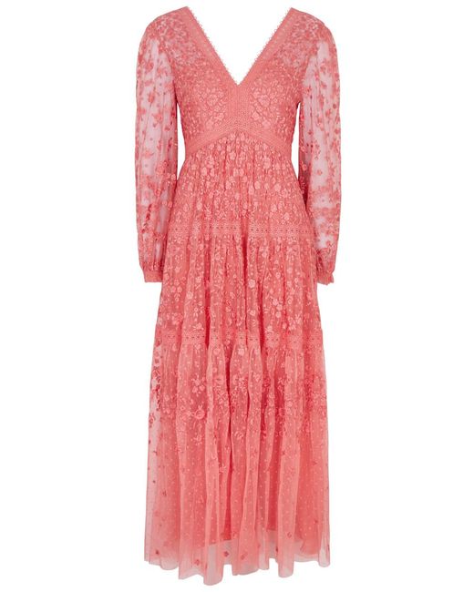 Needle & Thread Pink Celestia Ribbon Embroidered Tulle Maxi Dress