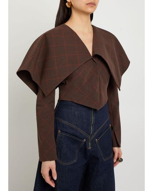 A.W.A.K.E. MODE Brown Oversized-Collar Checked Cropped Jacket