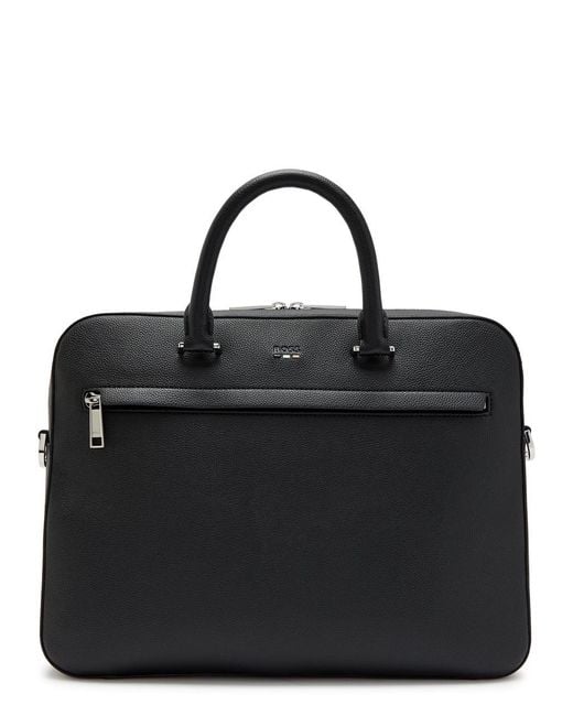 Boss Black Logo Grained Leather Briefcase for men
