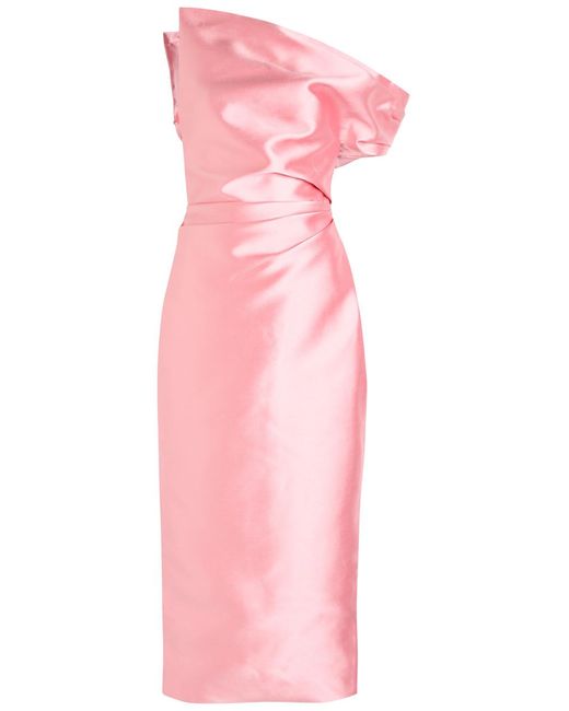 Solace London Pink Ellison One-Shoulder Faille Midi Dress