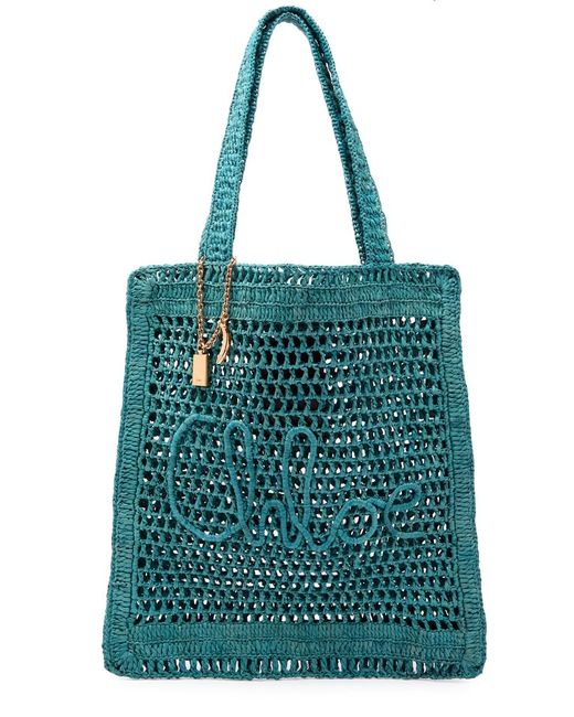 Chloé Blue Summer Banana Logo Raffia Tote