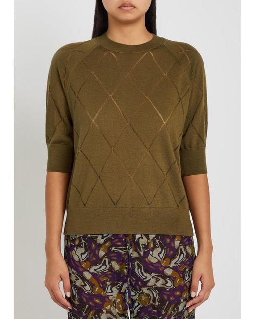 Dries Van Noten Green Tuan Diamond-Stitch Merino Wool Top