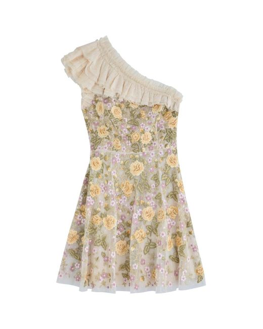 Needle & Thread White Florine One-Shoulder Embroidered Tulle Mini Dress