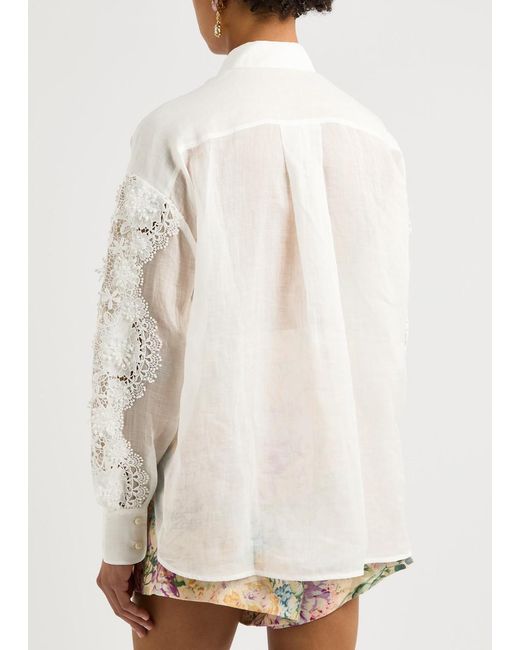Zimmermann White Halliday Lace-Panelled Ramie Shirt