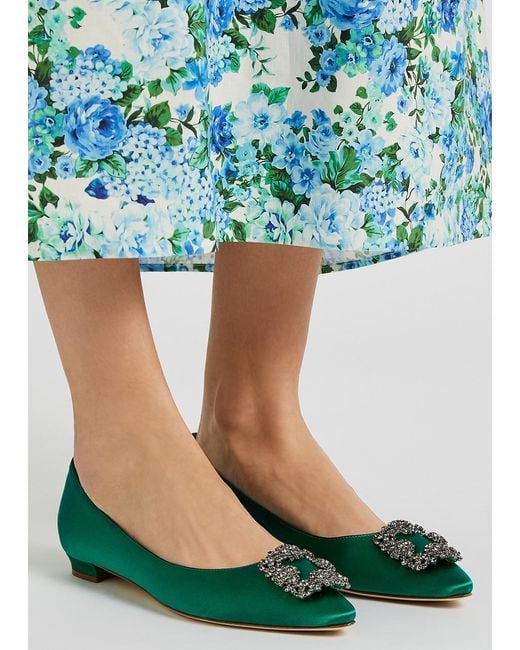 Manolo Blahnik Green Hangisi 10 Silk-Satin Flats