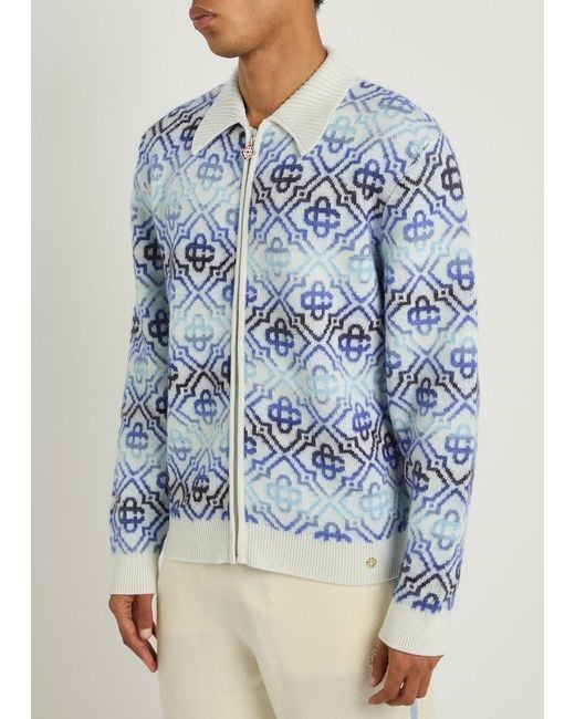 Casablanca Blue Monogram Wool-Blend Cardigan for men
