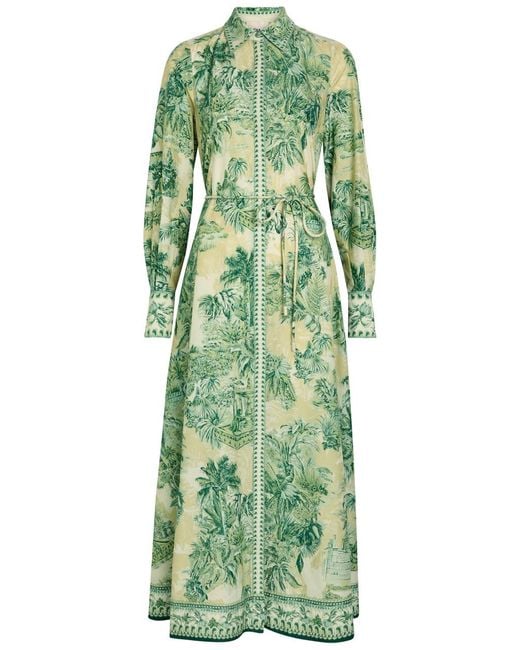 ALÉMAIS Green Sara Printed Cotton And Silk-Blend Midi Shirt Dress