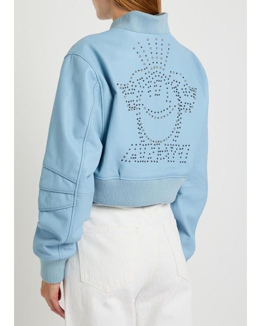 AN-Y1 Blue Queen Stud-Embellished Leather Cropped Bomber Jacket