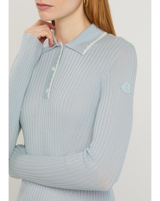 Moncler Blue Ribbed Wool Polo Top