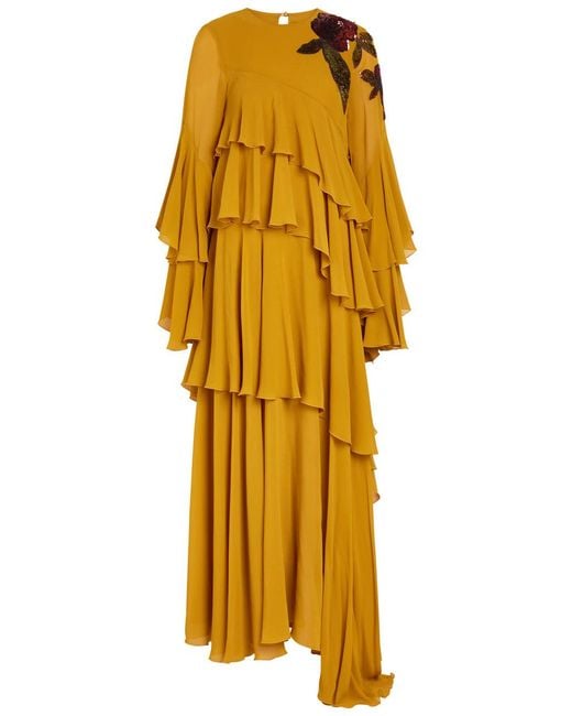 LaDoubleJ Yellow Naiad Ruffled Embellished Silk-Georgette Maxi Dress