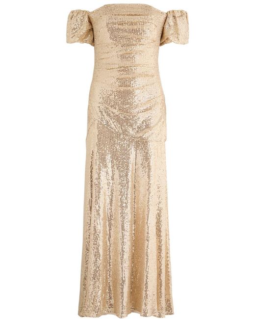 Needle & Thread Natural Sunbeam Valentina Sequin-Embellished Off-The-Shoulder Tulle Gown