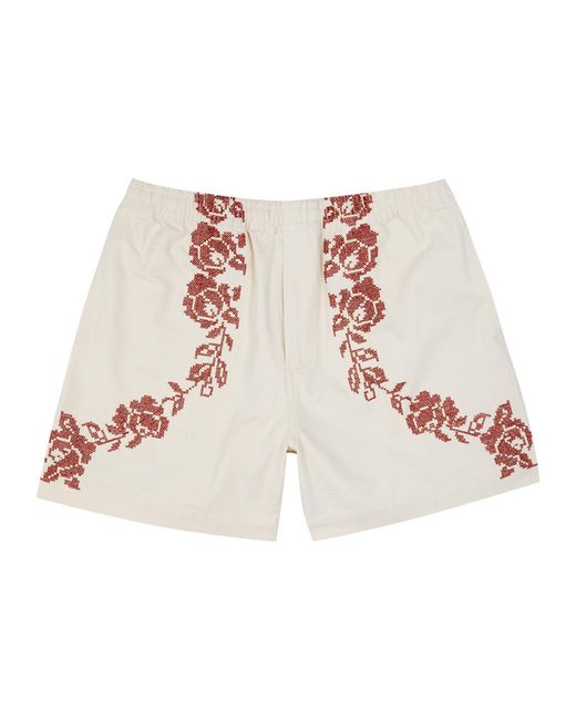 Bode Pink Rose Garland Cross-stitched Cotton Shorts for men