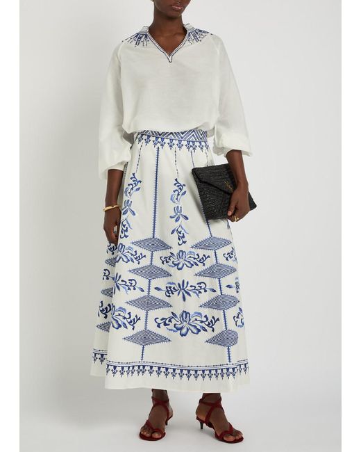 Emporio Sirenuse White Illizia Embroidered Cotton-Blend Blouse