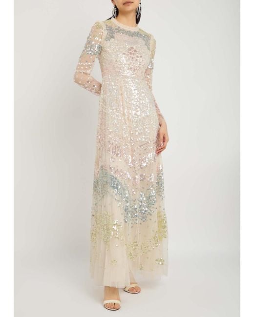 Needle & Thread Natural Angeline Sequin-Embellished Tulle Gown