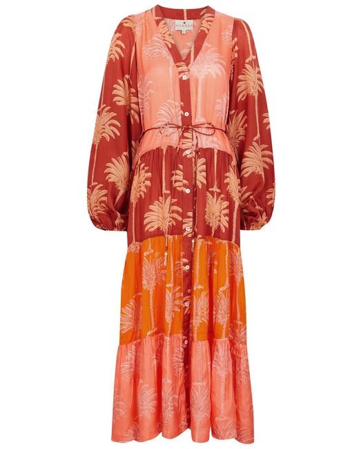 Hannah Artwear Red Larisa Printed Silk Midi Dress