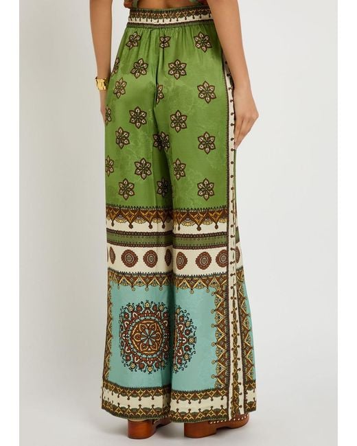 ALÉMAIS Green Contina Printed Wide-Leg Satin Trousers