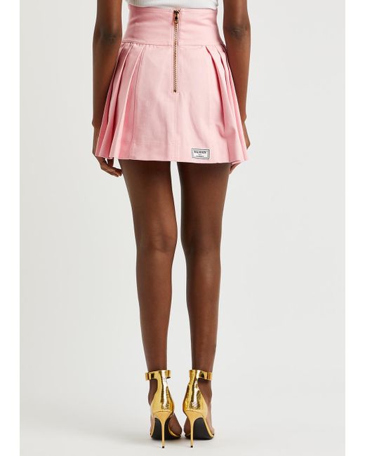 Balmain Pleated Denim Mini Skirt in Pink | Lyst