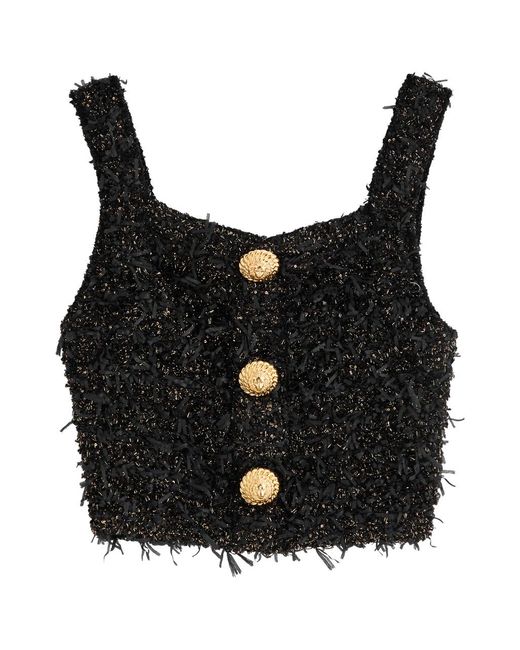 Balmain Black Frayed Cropped Bouclé Tweed Top