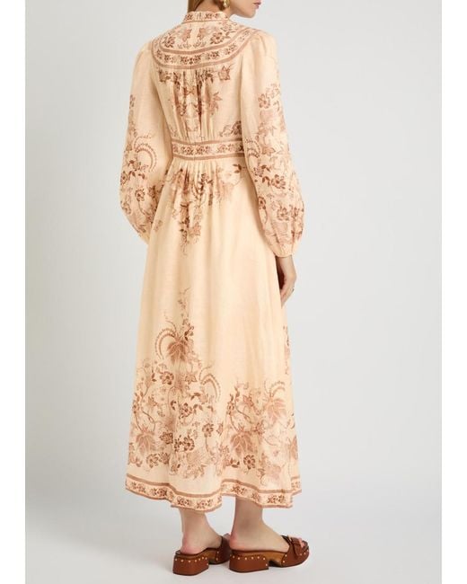 Zimmermann Natural Indra Printed Plunge Linen Midi Dress
