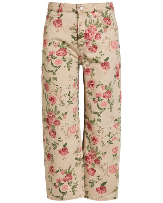 Free People Natural Deep Trance Floral-Print Straight-Leg Cropped Jeans