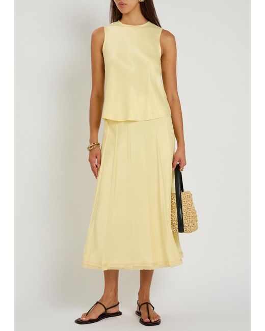Vince Yellow Pleated Satin Midi Skirt