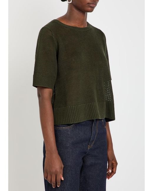 Eileen Fisher Green Open-Knit Linen And Cotton-Blend T-Shirt