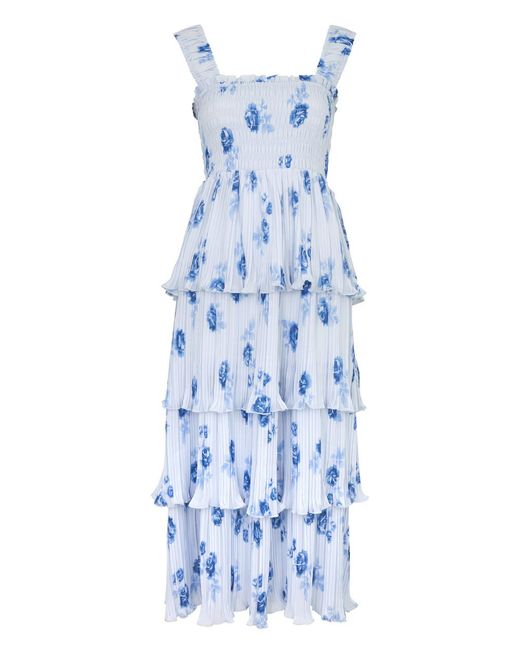 Ganni Blue Floral-Print Plissé Georgette Midi Dress