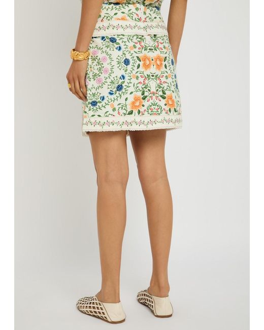 Farm Rio Gray Folk Floral-Print Cotton Mini Skirt