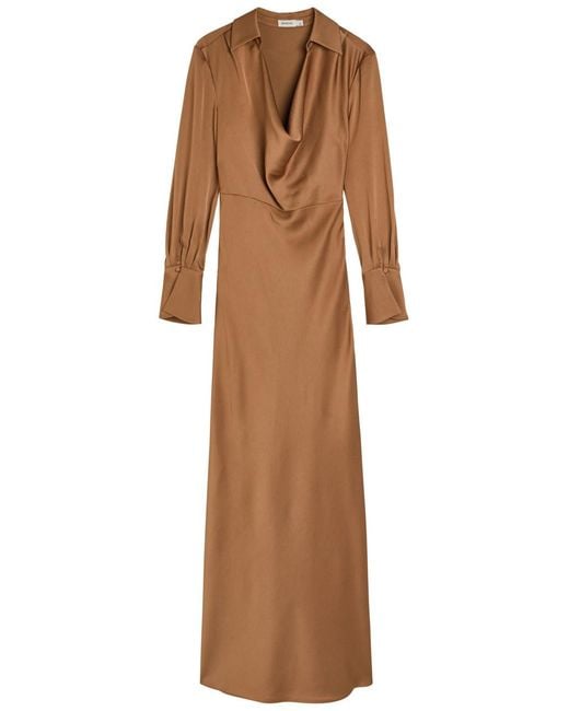 Jonathan Simkhai Brown Adelle Draped Satin Maxi Shirt Dress