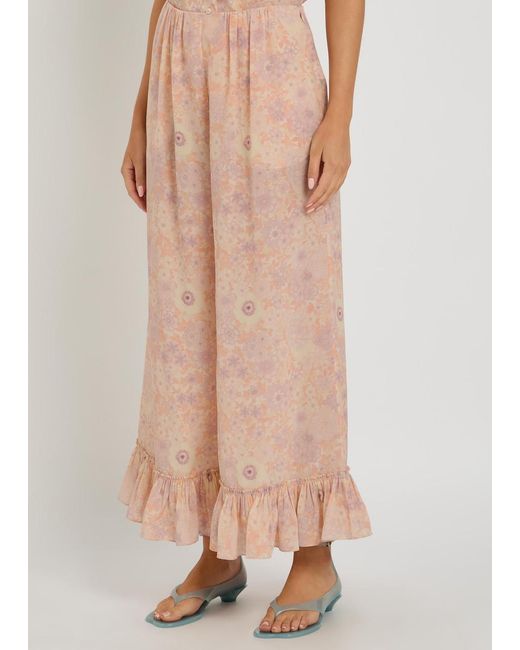 Chloé Pink Floral-Print Frill Wide-Leg Silk Trousers