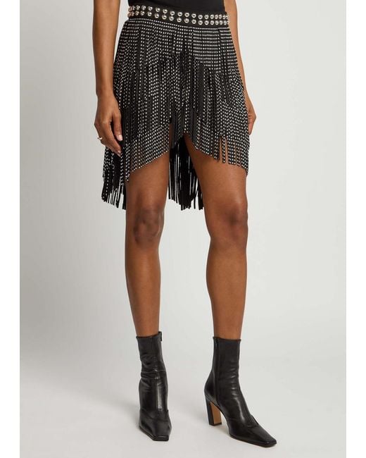 Isabel Marant Black Carmelia Fringed Studded Faux Suede Mini Skirt