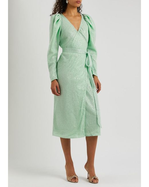 ROTATE BIRGER CHRISTENSEN Green Sequin-embellished Lace Midi Wrap Dress