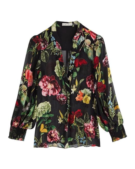 Alice + Olivia Black Sheila Floral-Devoré Chiffon Shirt