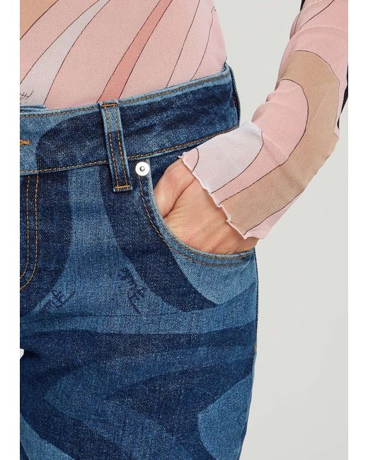 Emilio Pucci Blue Wave-Printed Flared-Leg Jeans