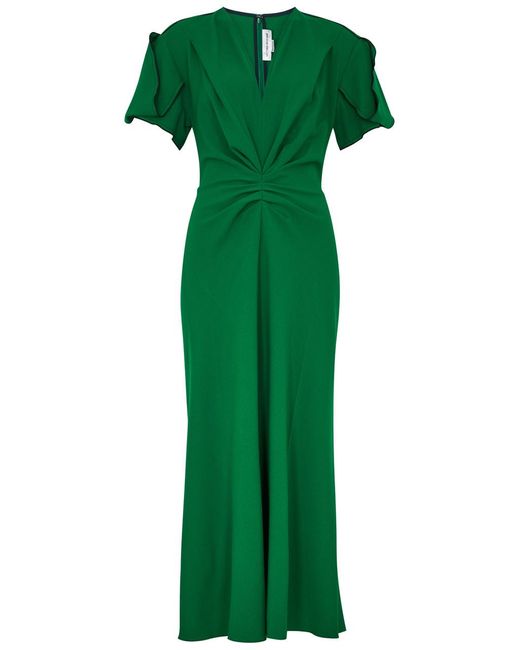 Victoria Beckham Green Ruched Wool-blend Midi Dress