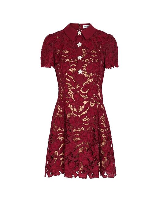 Self-Portrait Red Floral Guipure Lace Mini Shirt Dress