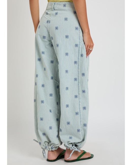 Free People Blue Lotus Striped Embroidered Balloon-Leg Jeans