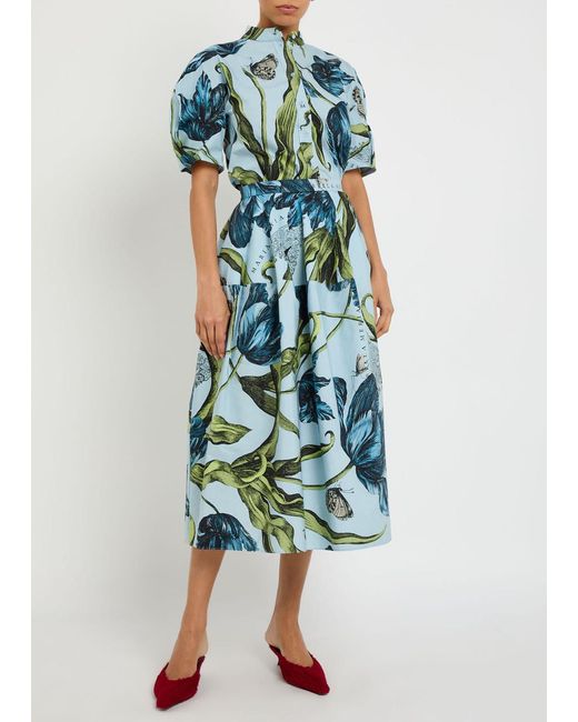 Erdem Blue Printed Cotton-Poplin Blouse