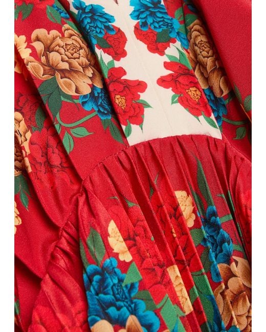 LaDoubleJ Red Accordion Floral-Print Crepe Maxi Dress